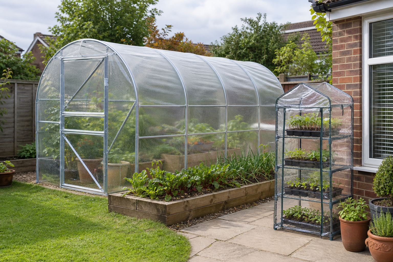 Mini greenhouse on a patio next to a larger walk-in greenhouse in a UK back garden