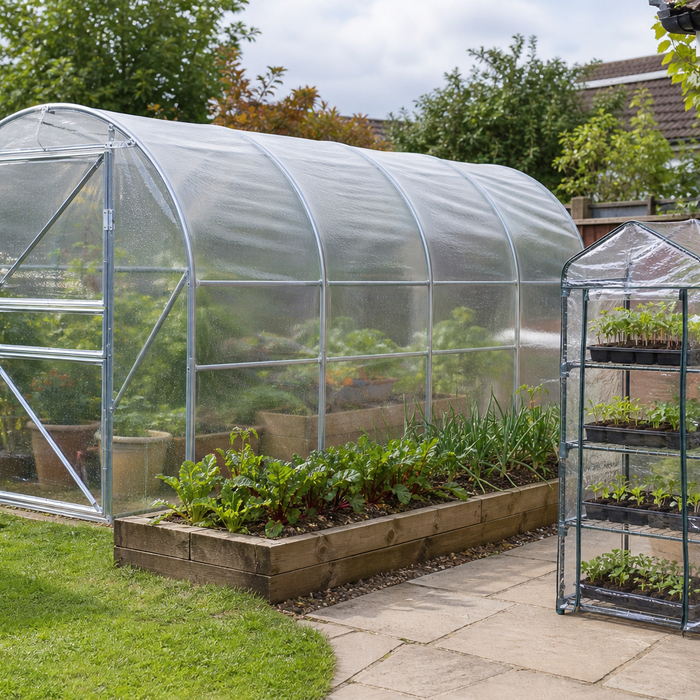 Mini greenhouse on a patio next to a larger walk-in greenhouse in a UK back garden