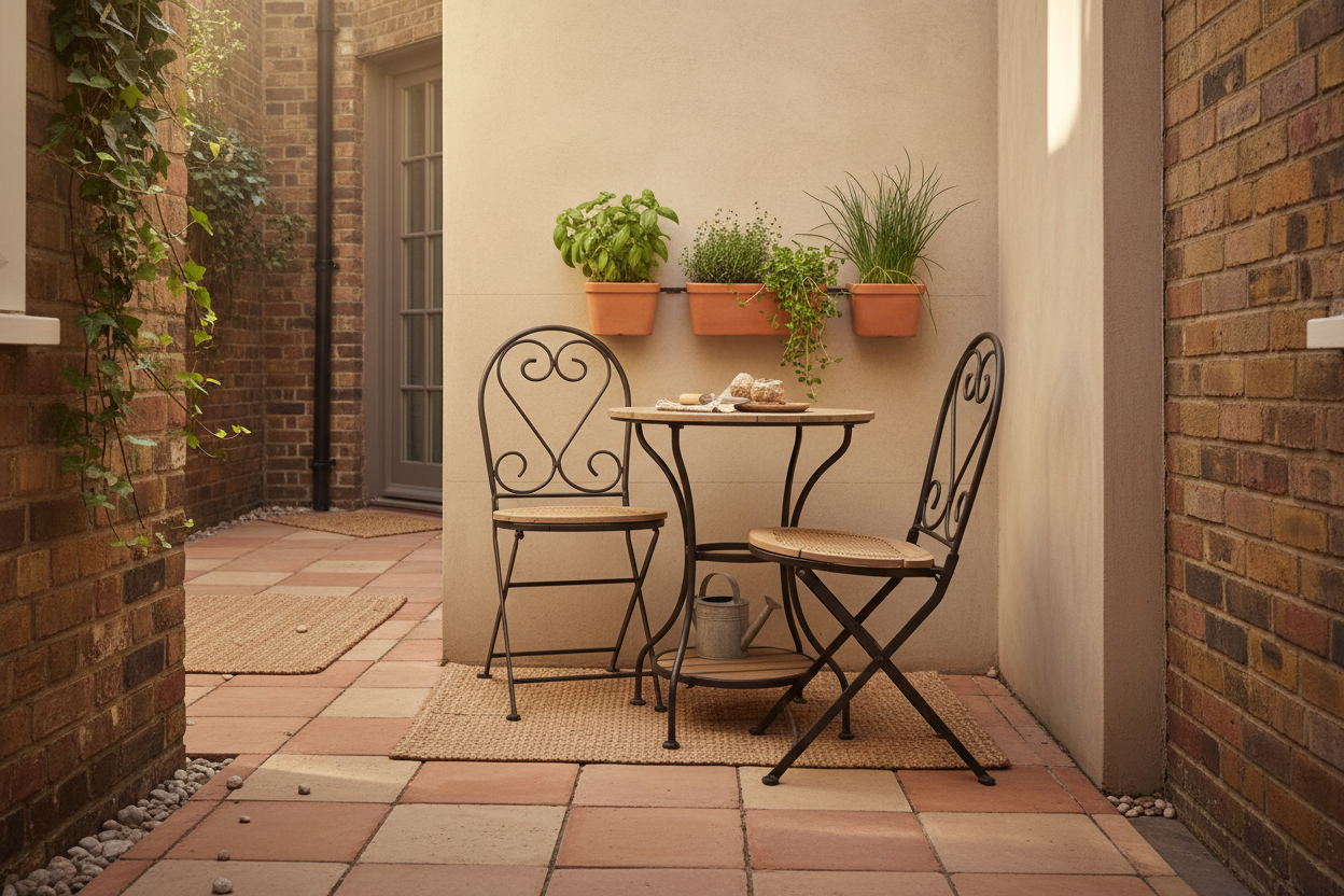 Narrow UK patio with a slim bistro table for two, wall-mounted herb planters above with basil, thyme and chives, and warm afternoon sunlight