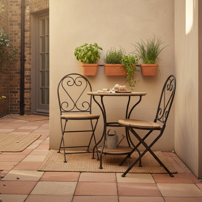 Narrow UK patio with a slim bistro table for two, wall-mounted herb planters above with basil, thyme and chives, and warm afternoon sunlight