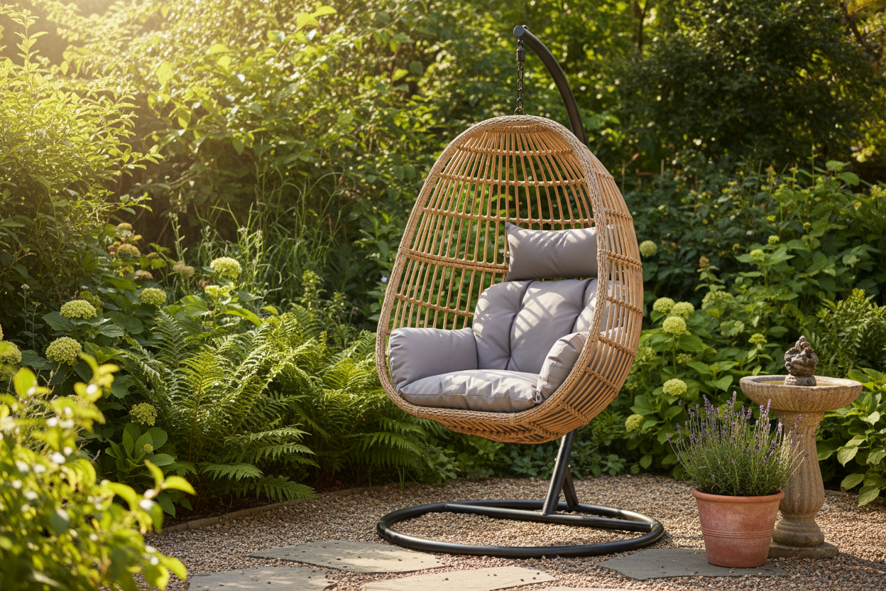 Image alt text: Outsunny PE rattan egg chair with grey cushions on a swivel base in a lush UK garden, warm afternoon sunlight