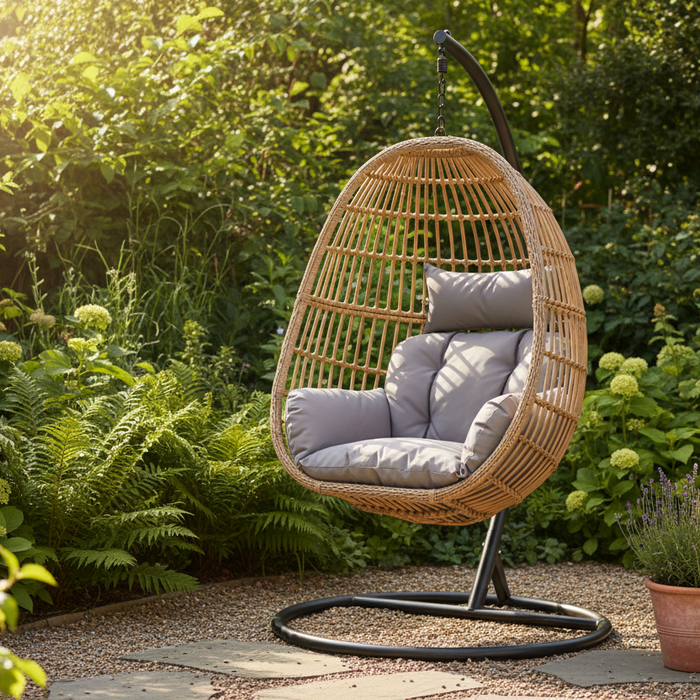 Image alt text: Outsunny PE rattan egg chair with grey cushions on a swivel base in a lush UK garden, warm afternoon sunlight