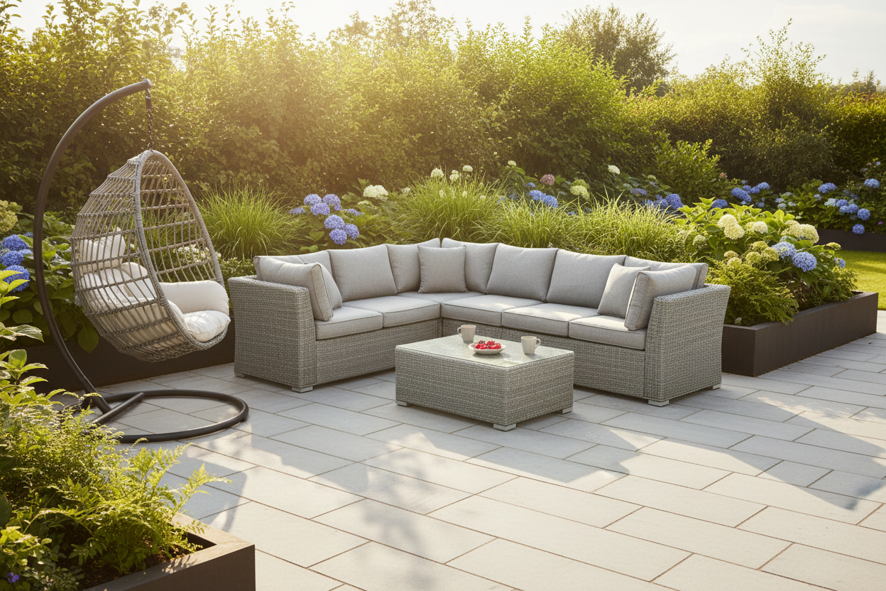 Grey PE rattan corner sofa set with cushions and matching coffee table on a light grey porcelain patio, with an egg chair to one side and lush green planting borders, in warm afternoon sunlight.