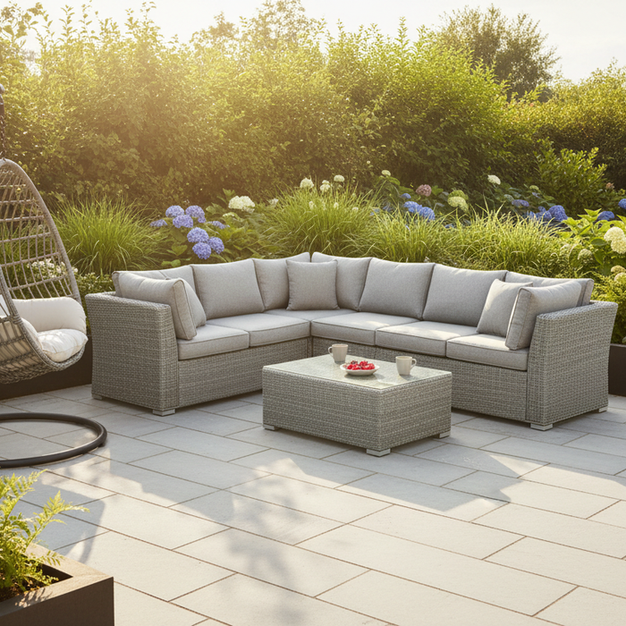 Grey PE rattan corner sofa set with cushions and matching coffee table on a light grey porcelain patio, with an egg chair to one side and lush green planting borders, in warm afternoon sunlight.