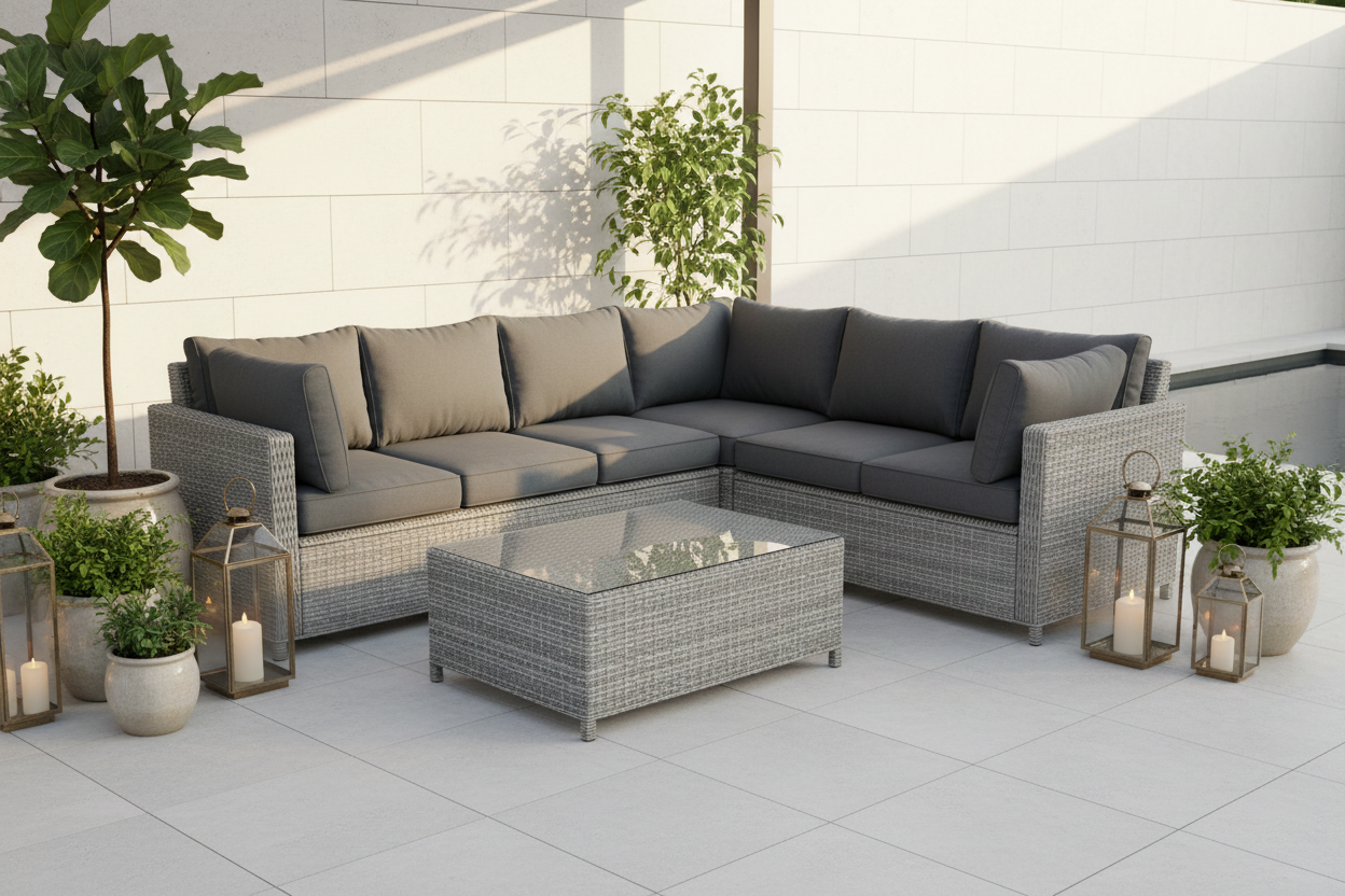 Grey PE rattan corner sofa set with cushions and glass coffee table on a light grey porcelain patio with potted plants