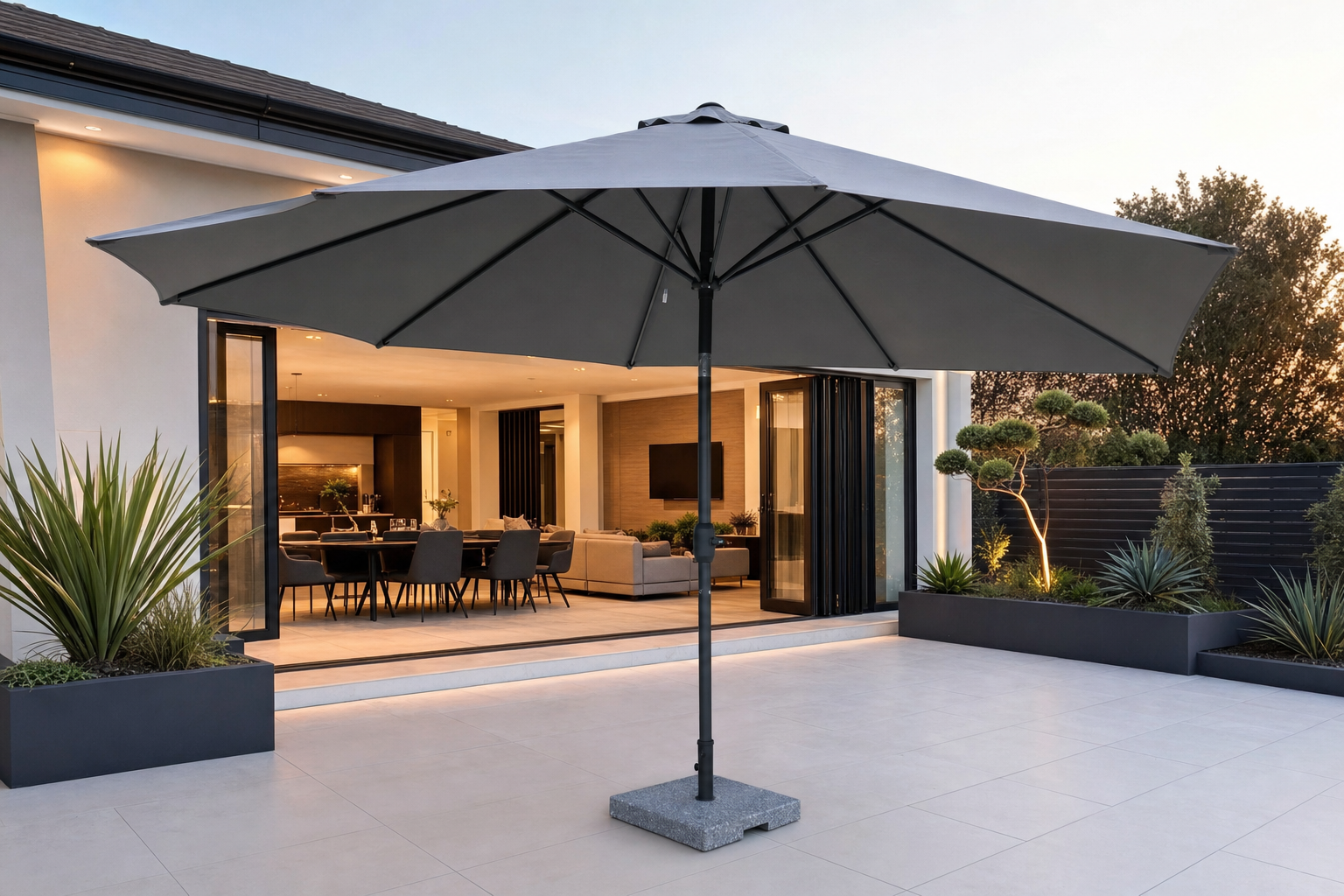 Grey 3m garden parasol with a weighted stone parasol base on a porcelain patio in a British garden