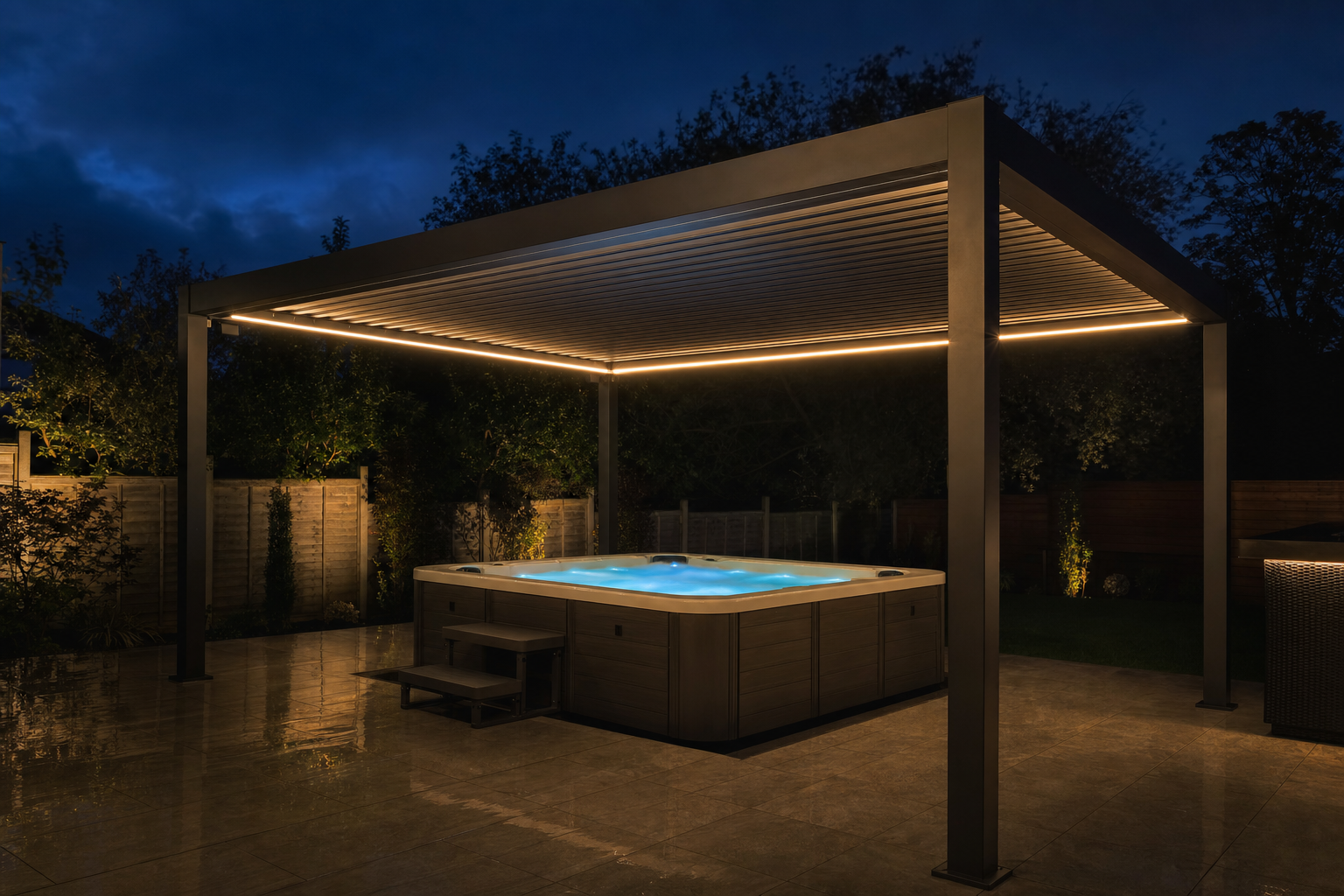 Louvred aluminium pergola with solar LED lighting over a hot tub on a UK patio at night
