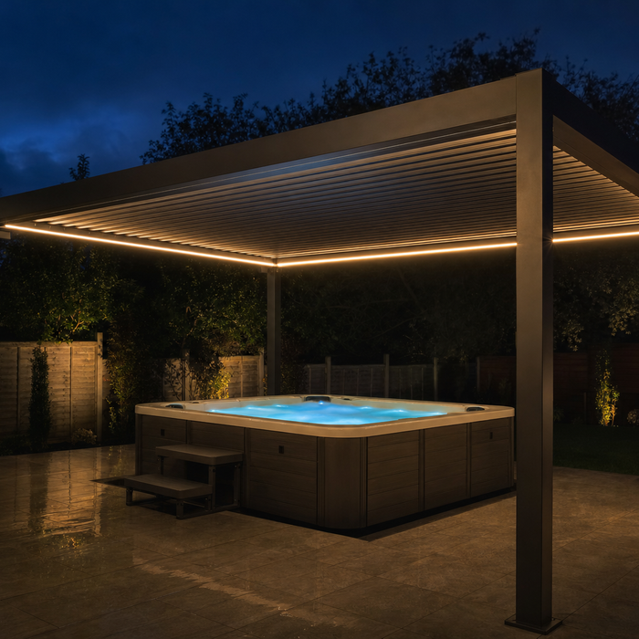 Louvred aluminium pergola with solar LED lighting over a hot tub on a UK patio at night