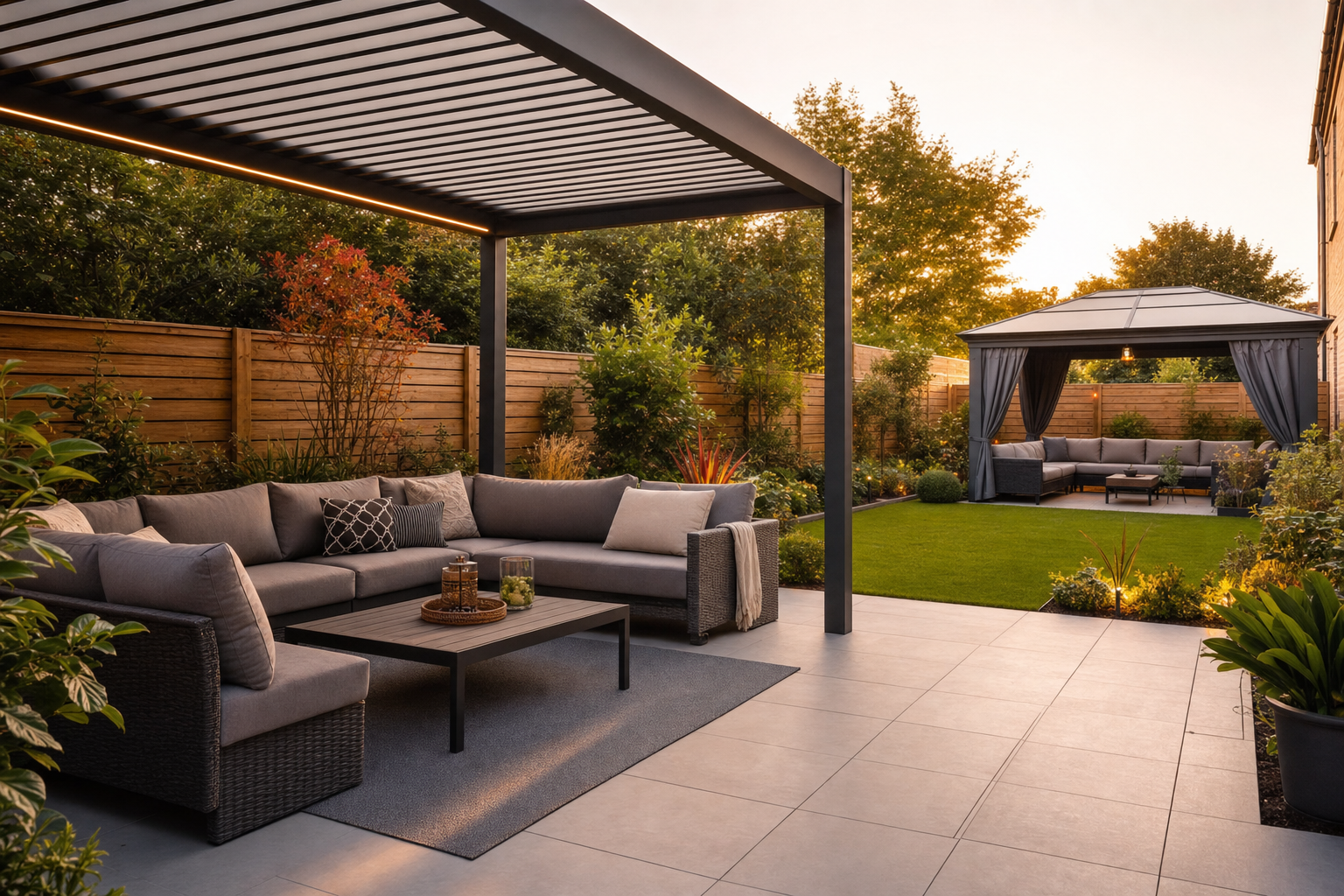 UK garden patio with an aluminium louvred pergola and a hardtop gazebo showing both outdoor structure options