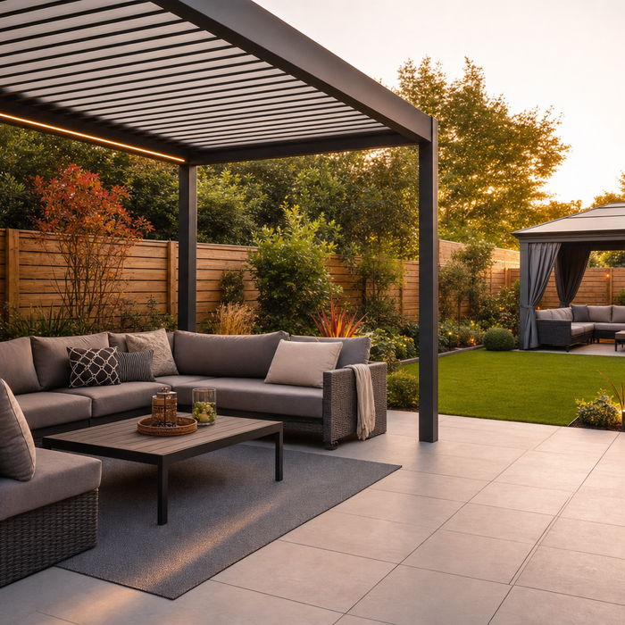 UK garden patio with an aluminium louvred pergola and a hardtop gazebo showing both outdoor structure options