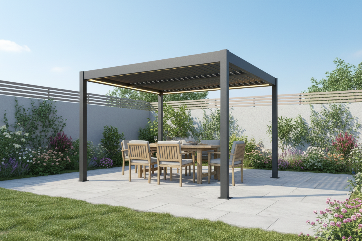 Dark grey aluminium pergola on a stone patio in a British garden with teak dining furniture — pergola buying guide from Opal Retail UK