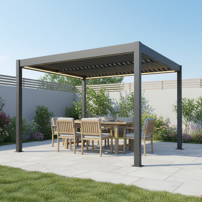 Dark grey aluminium pergola on a stone patio in a British garden with teak dining furniture — pergola buying guide from Opal Retail UK
