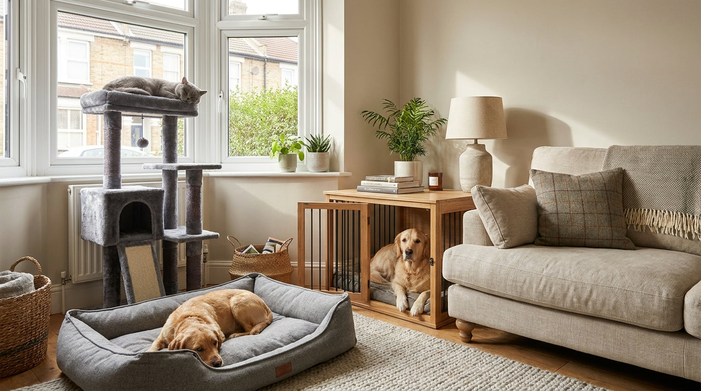 UK living room styled with a cat tree, a furniture-style dog crate side table and a dog bed