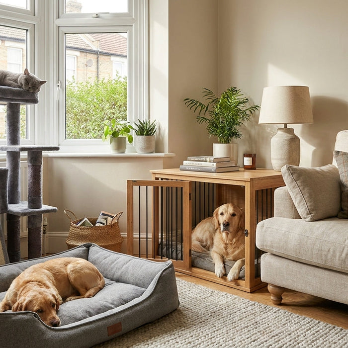 UK living room styled with a cat tree, a furniture-style dog crate side table and a dog bed