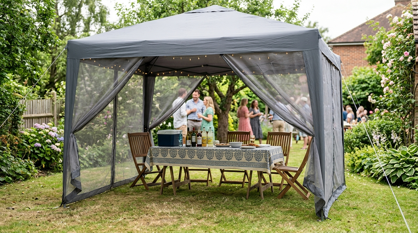 Grey pop-up gazebo with sides set up at an outdoor garden party with bunting and a table