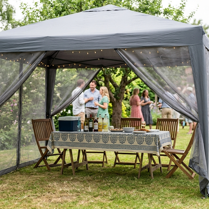 Grey pop-up gazebo with sides set up at an outdoor garden party with bunting and a table