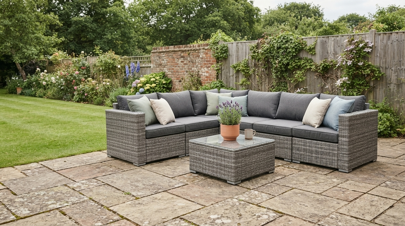 Grey rattan corner sofa set with scatter cushions on a stone patio in a British garden in summer