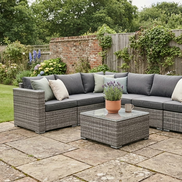 Grey rattan corner sofa set with scatter cushions on a stone patio in a British garden in summer