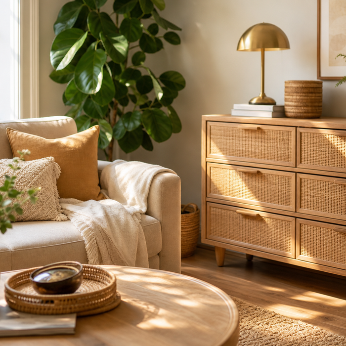 Bright UK living room styled with boho rattan furniture for the indoor rattan trend