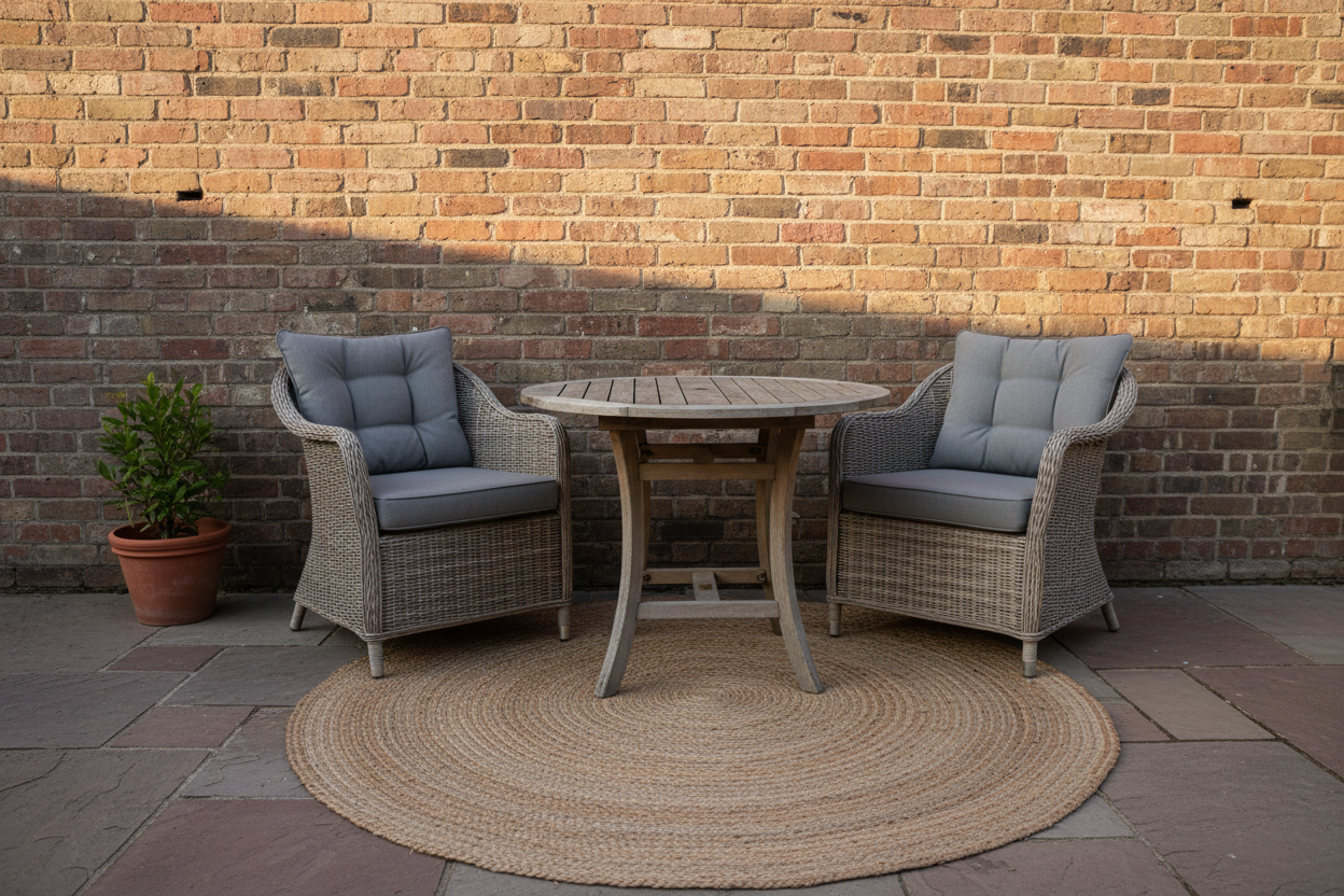 Image alt text: A cosy UK patio nook with a round wooden table, two rattan chairs with grey cushions, a jute rug and terracotta flower pots against a brick wall in warm sunlight