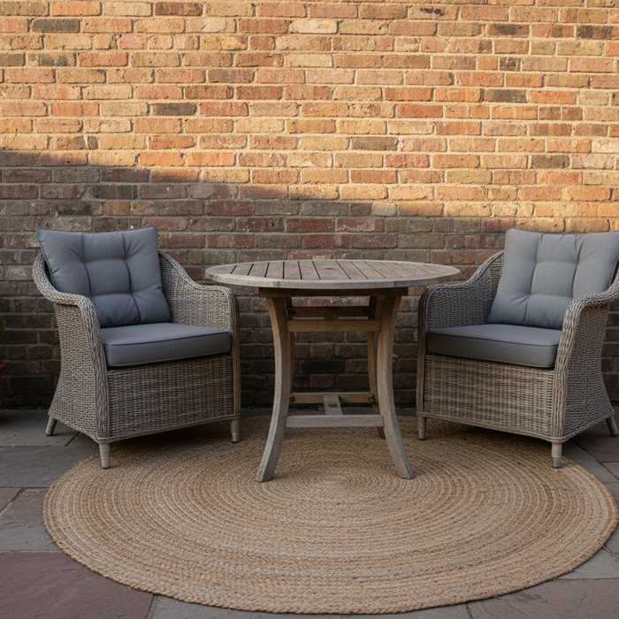 Image alt text: A cosy UK patio nook with a round wooden table, two rattan chairs with grey cushions, a jute rug and terracotta flower pots against a brick wall in warm sunlight