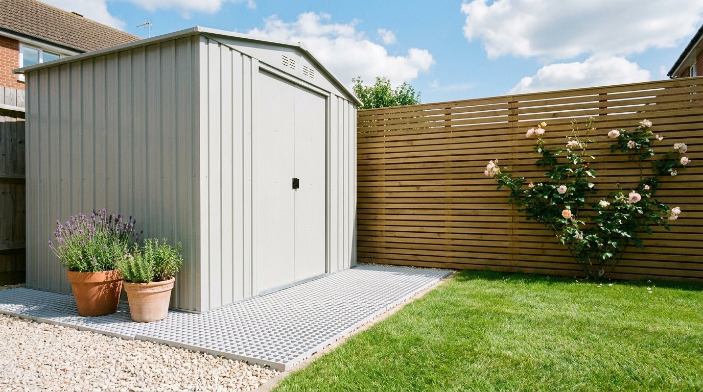 A garden shed installed on a plastic grid base in a bright UK back garden