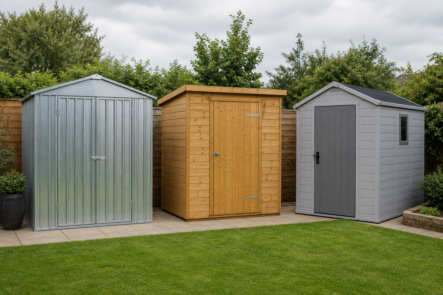 A grey metal garden shed, a natural wood garden shed and a grey plastic garden shed side by side in a UK back garden