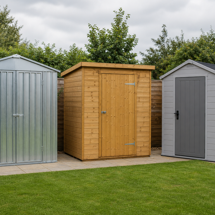 A grey metal garden shed, a natural wood garden shed and a grey plastic garden shed side by side in a UK back garden