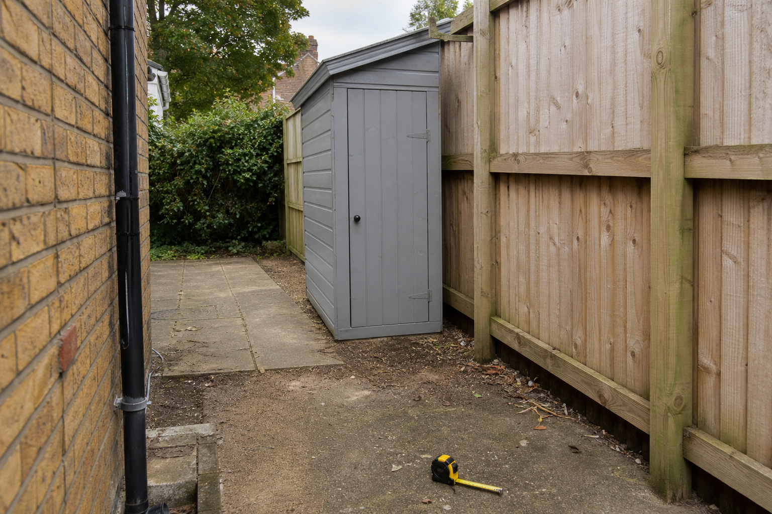 Small grey wooden garden shed fitted into a narrow UK garden side-return