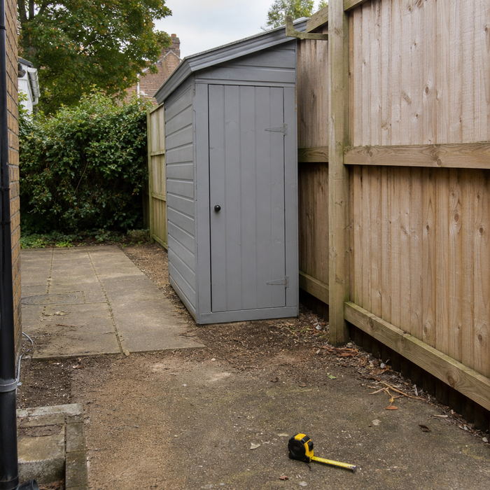 Small grey wooden garden shed fitted into a narrow UK garden side-return