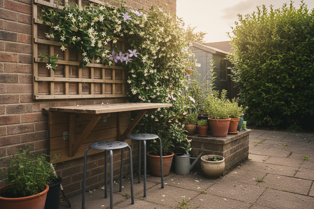 Small UK patio with a fold-down wall-mounted wooden dining table, two stackable metal stools tucked underneath and a wooden trellis with climbing plants above