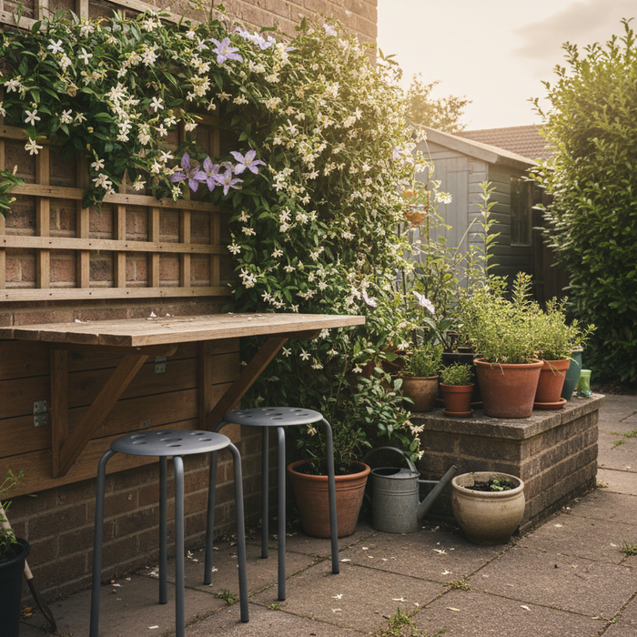 Small UK patio with a fold-down wall-mounted wooden dining table, two stackable metal stools tucked underneath and a wooden trellis with climbing plants above