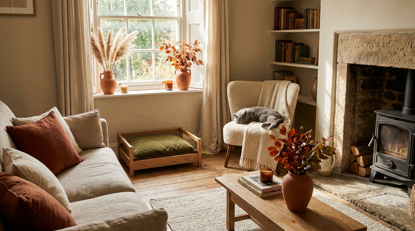 Cosy UK living room styled for autumn with a wooden-framed pet bed matching the warm rust and olive decor palette