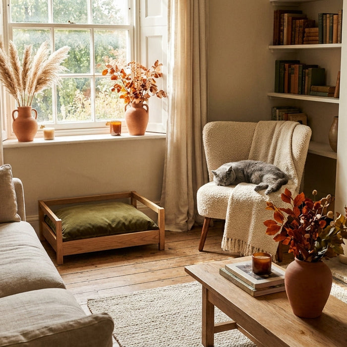 Cosy UK living room styled for autumn with a wooden-framed pet bed matching the warm rust and olive decor palette