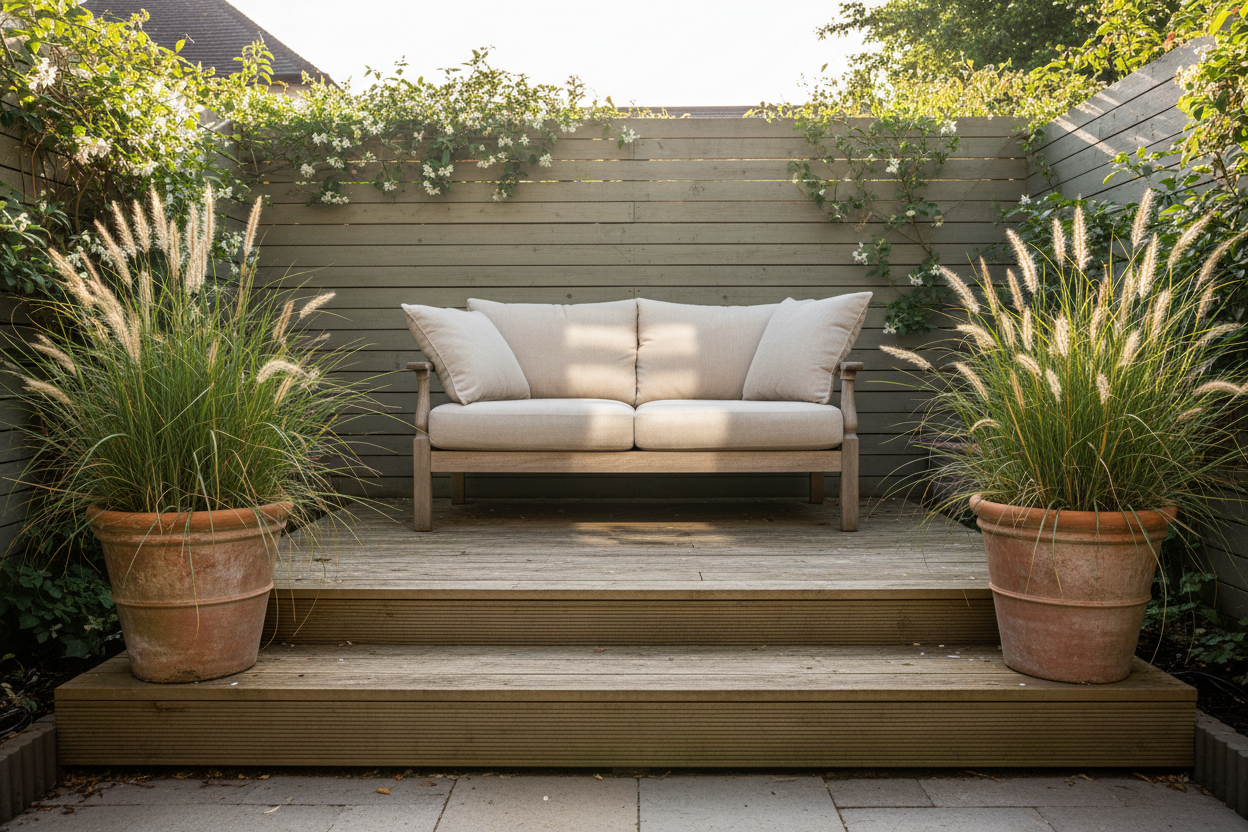 Two-step raised timber decking platform in a small UK garden with a compact outdoor sofa, cream cushions, ornamental grasses in terracotta pots and climbing jasmine on a slatted fence