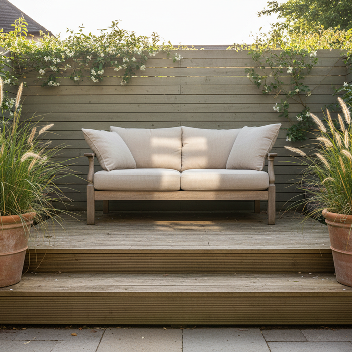 Two-step raised timber decking platform in a small UK garden with a compact outdoor sofa, cream cushions, ornamental grasses in terracotta pots and climbing jasmine on a slatted fence