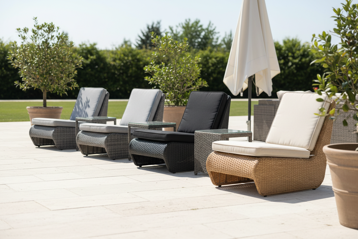 Four PE rattan garden lounge chairs side by side showing grey, black and natural honey brown colour variations with matching cushions