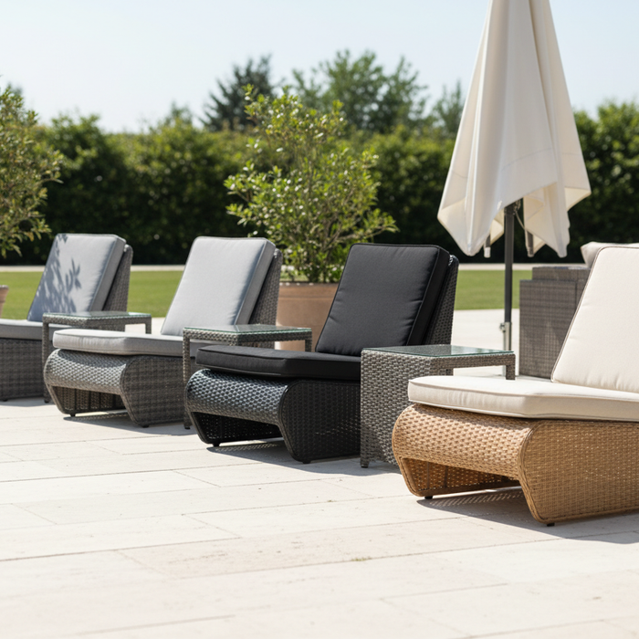 Four PE rattan garden lounge chairs side by side showing grey, black and natural honey brown colour variations with matching cushions