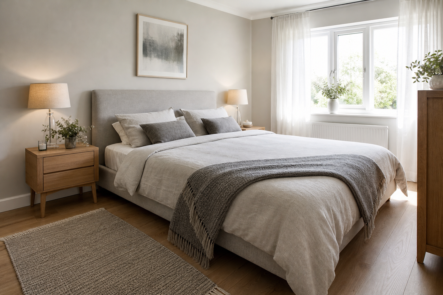 Bright, tidy UK bedroom with a neatly made double bed, illustrating standard UK bed sizes