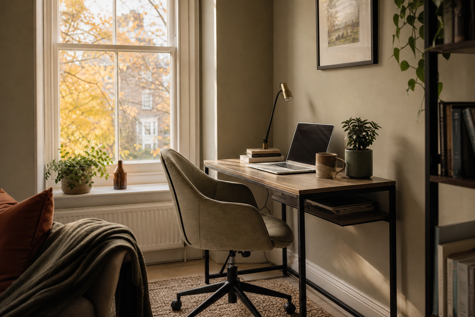 Cosy small home office corner styled in a UK home with a compact desk and linen-look chair, autumn light through a sash window