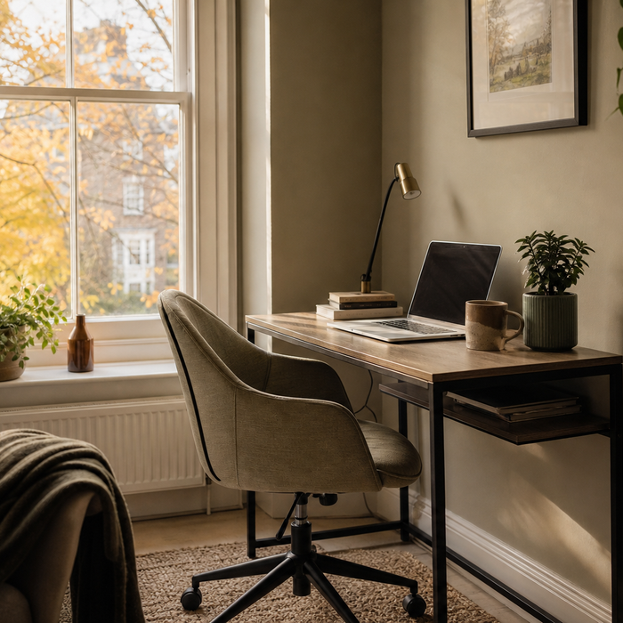 Cosy small home office corner styled in a UK home with a compact desk and linen-look chair, autumn light through a sash window