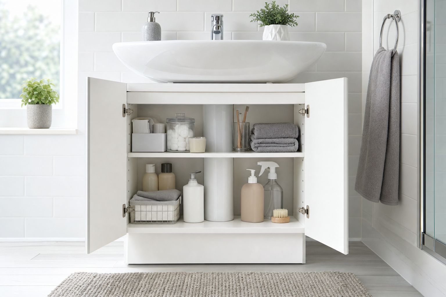 White under sink bathroom cabinet with two doors open showing organised storage beneath a pedestal basin