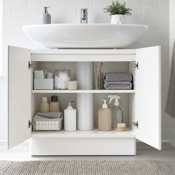 White under sink bathroom cabinet with two doors open showing organised storage beneath a pedestal basin