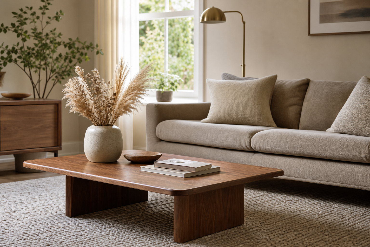 Bright UK living room styled with warm walnut wood coffee table and brass accents for the warm modernism trend
