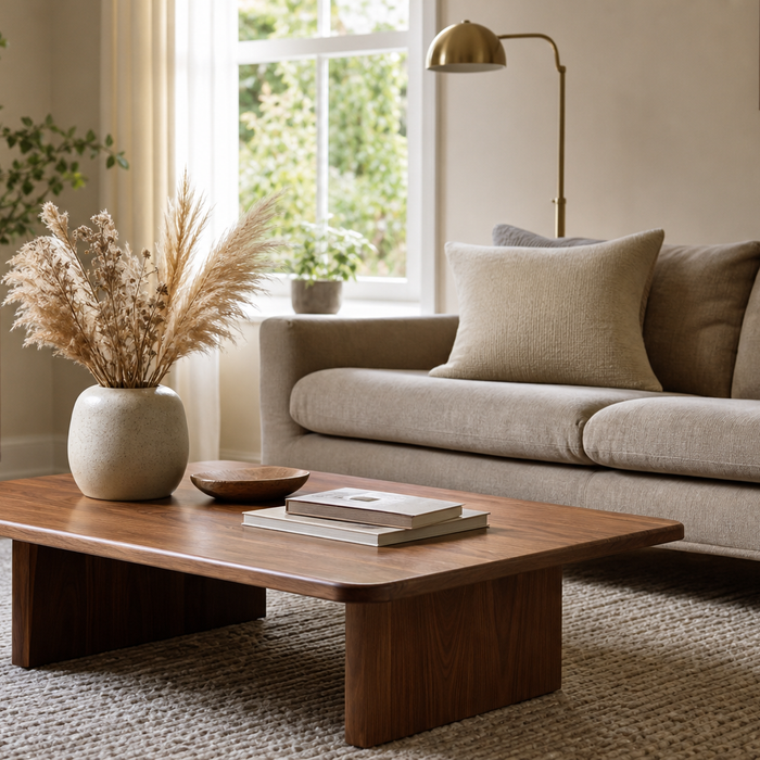 Bright UK living room styled with warm walnut wood coffee table and brass accents for the warm modernism trend
