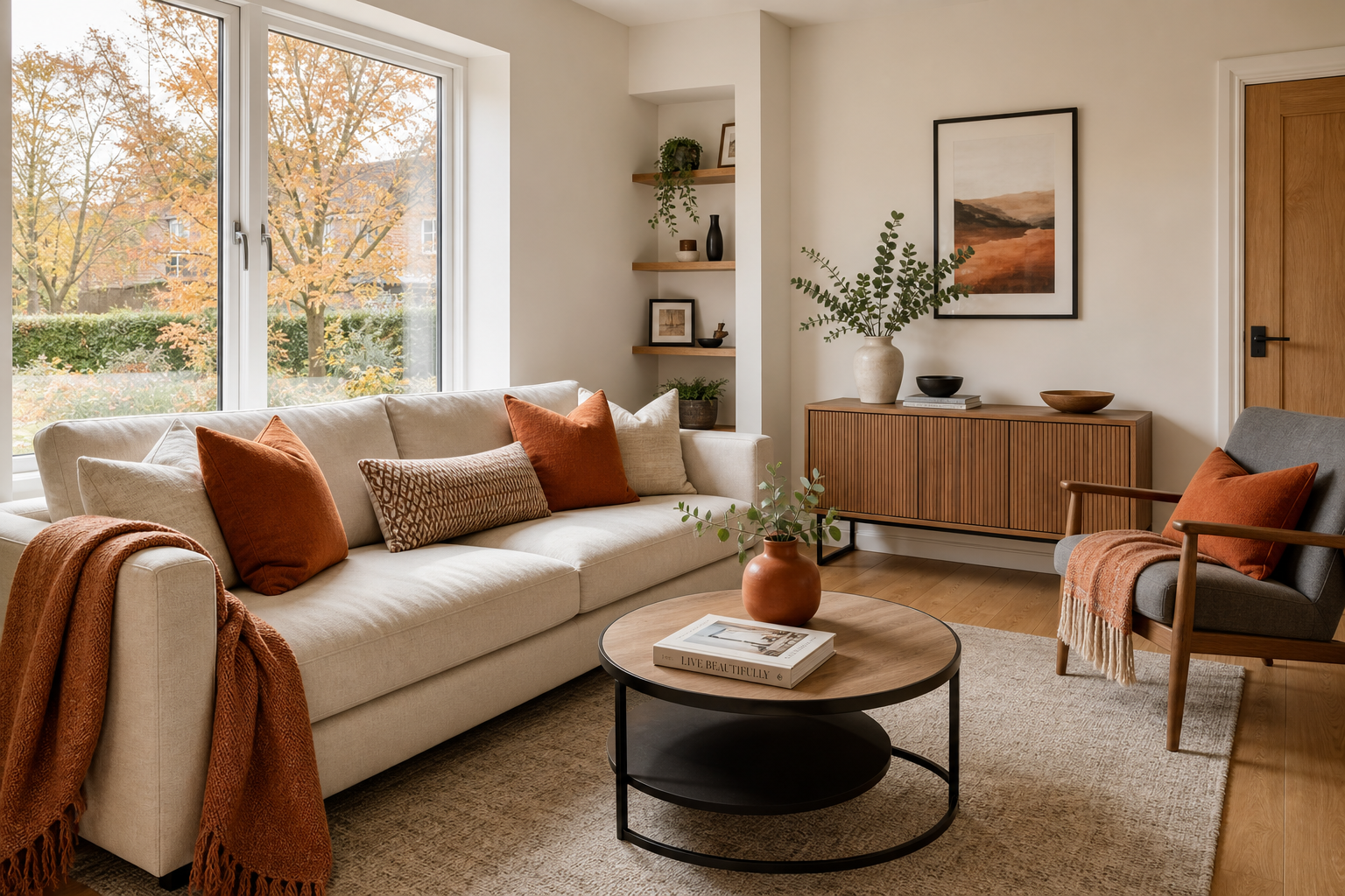 Bright UK living room styled with terracotta and warm neutral autumn colours