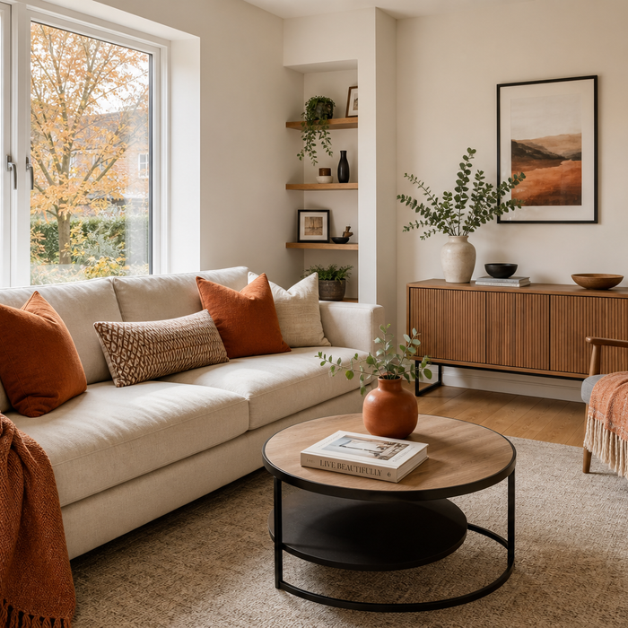 Bright UK living room styled with terracotta and warm neutral autumn colours