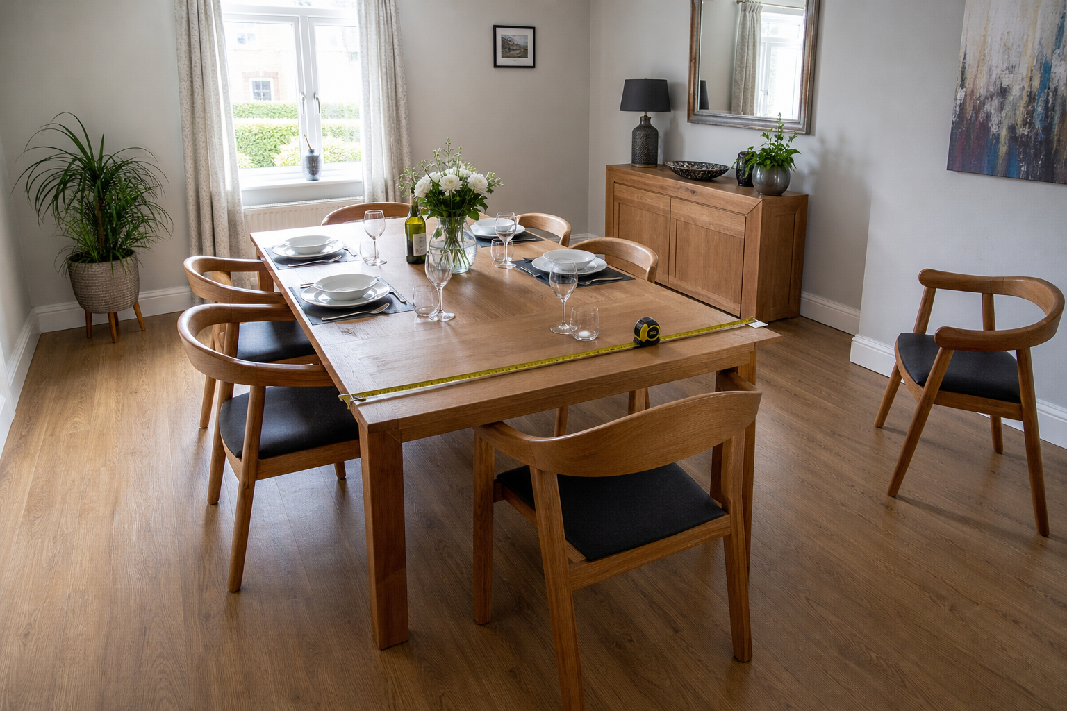 Bright UK dining room with a mid-size rectangular dining table set for six and a tape measure resting on the tabletop