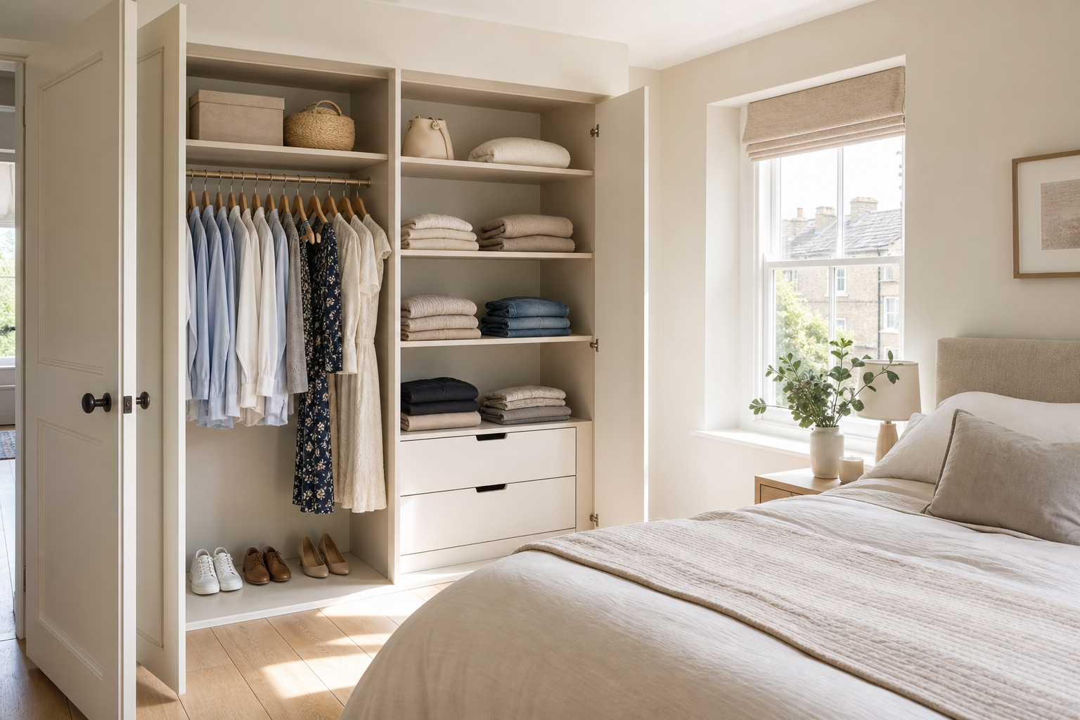 Open double wardrobe with neatly hung clothes in a bright modern UK bedroom