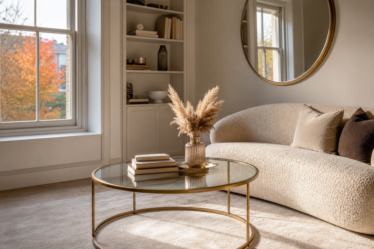White and gold styled UK living room with a brushed gold nesting coffee table and cream sofa